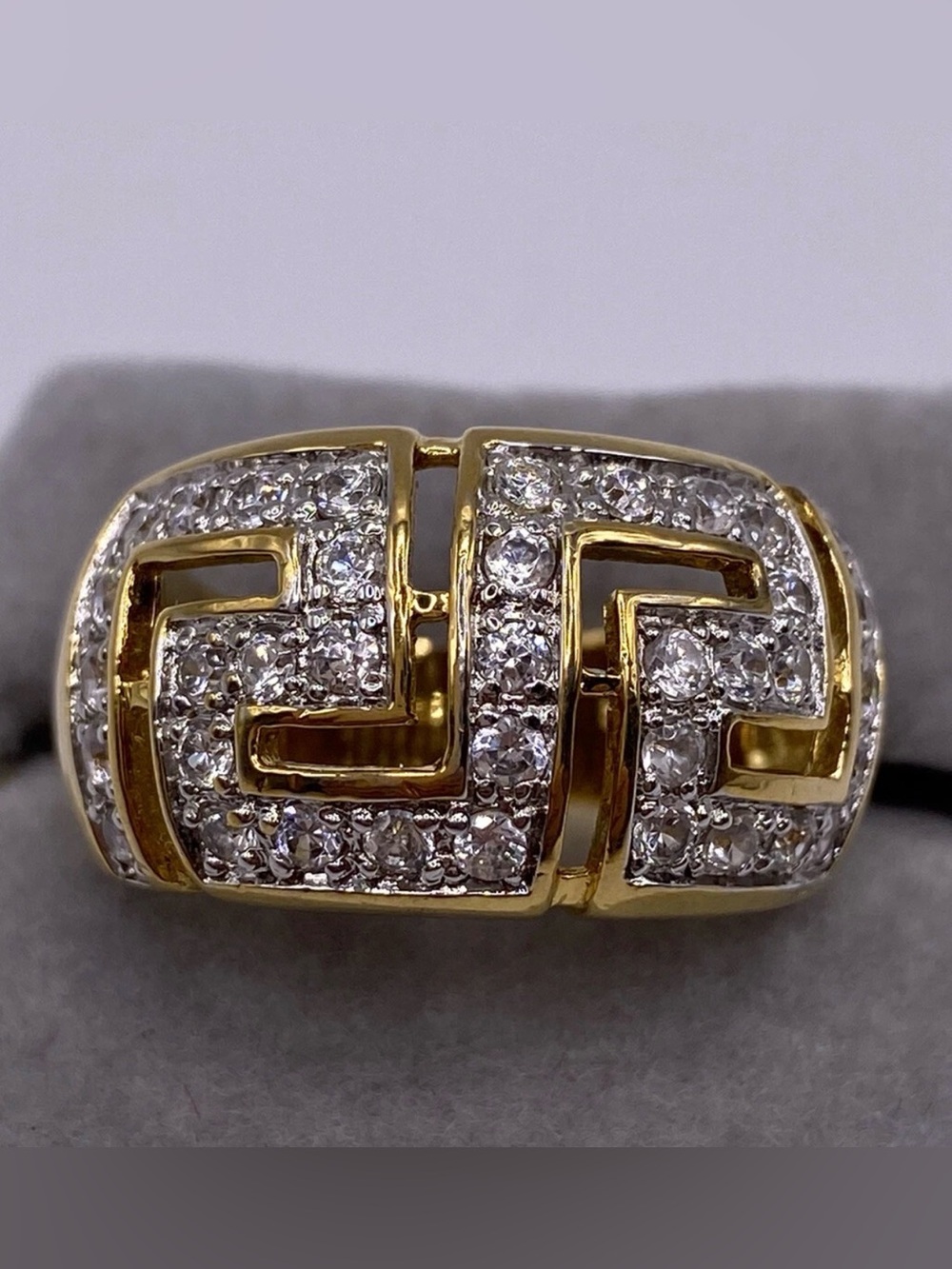 Sterling Silver 925 Gold Tone White Stones Wide statement Ring Size 8.5